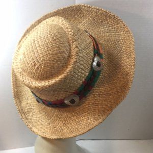 Vintage Toucan Straw Wide Brim Sun Hat Multicolored Band w/ Silver Toned Hearts